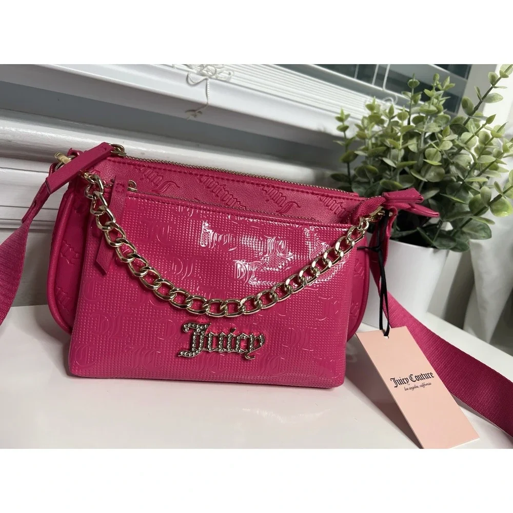 Juicy Couture Double Trouble Crossbody Bag Hot Pink Purse Gold Chain Pockets Zip
